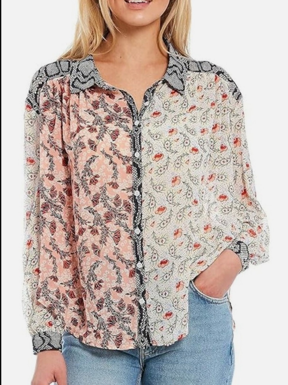 Free People Dani Mixed Baroque Print Button Down Blouse Size Small